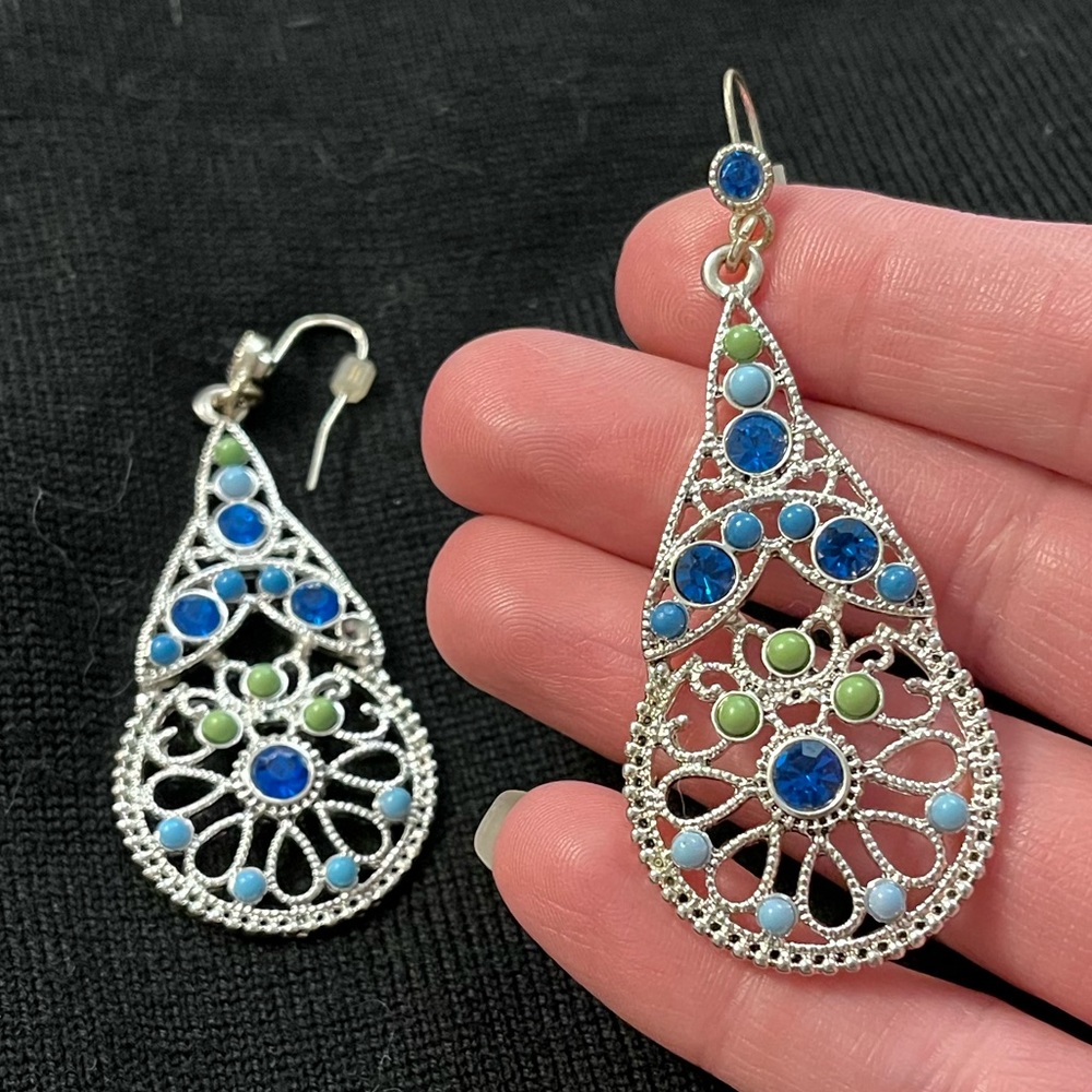 Silver Tone Dangle Earrings with Green and Blue Stones